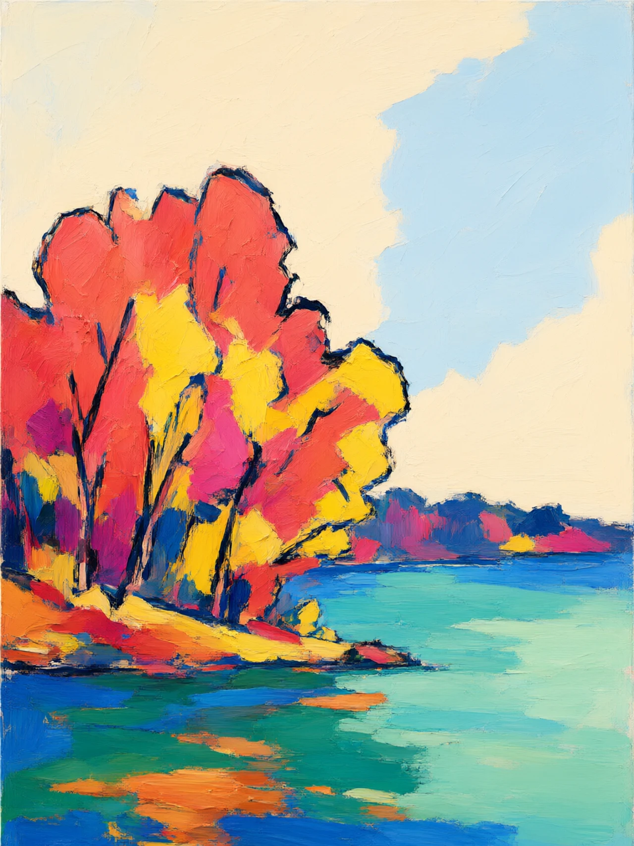 Autumn Forest (秋日森林) – Contemporary Expressionist Wall Art, 60x80 cm, Matte Black Frame