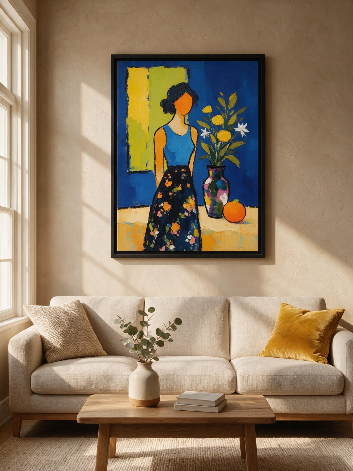 ACOVAR Contemporary Expressionist Portrait Wall Art, 60 x 80 cm, Matte Black Frame
