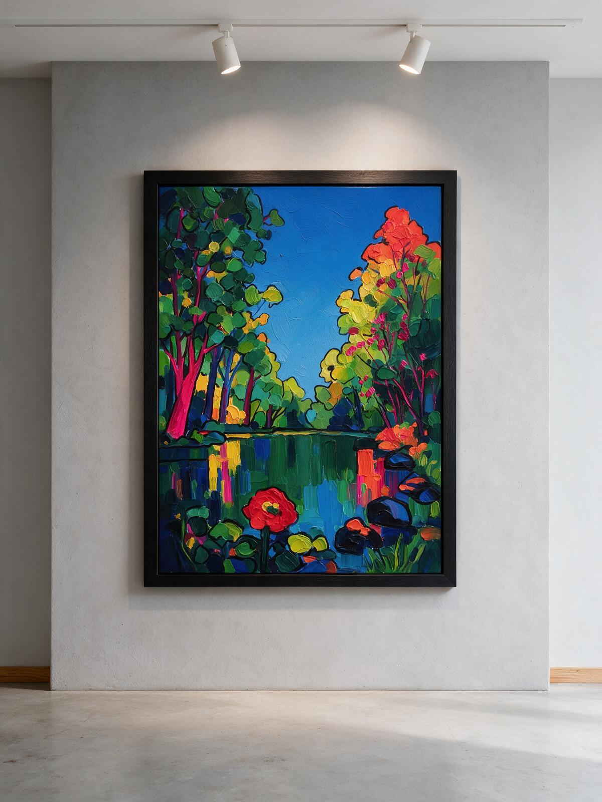 Summer Green Forest Lotus Pond – Contemporary Expressionist Wall Art Print (60 x 80 cm, Matte Black Frame)
