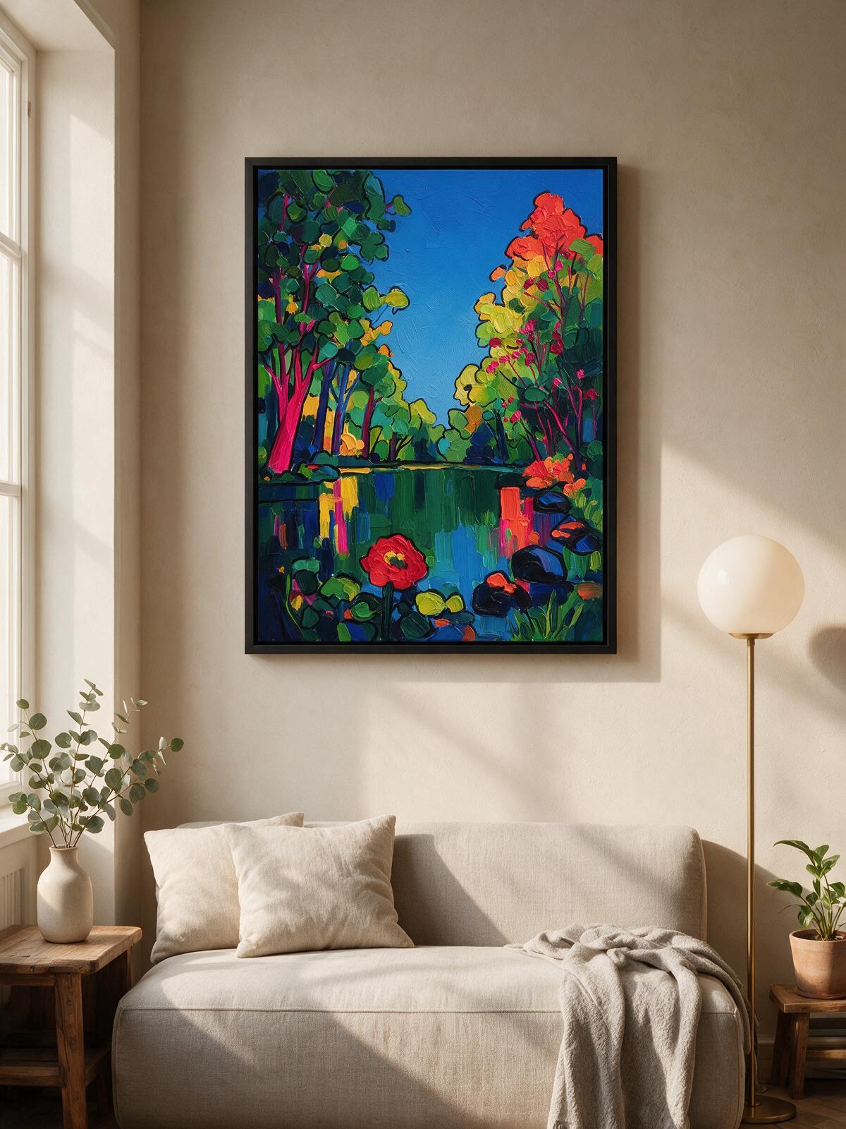 Summer Green Forest Lotus Pond – Contemporary Expressionist Wall Art Print (60 x 80 cm, Matte Black Frame)