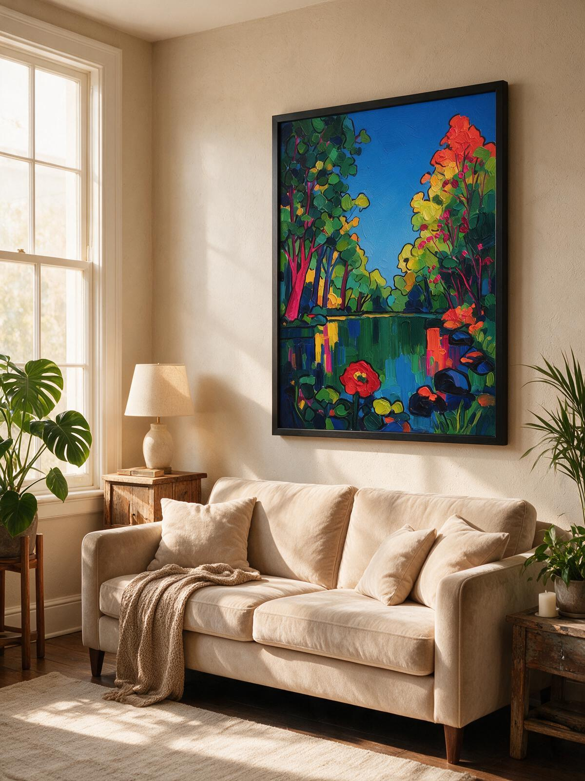 Summer Green Forest Lotus Pond – Contemporary Expressionist Wall Art Print (60 x 80 cm, Matte Black Frame)