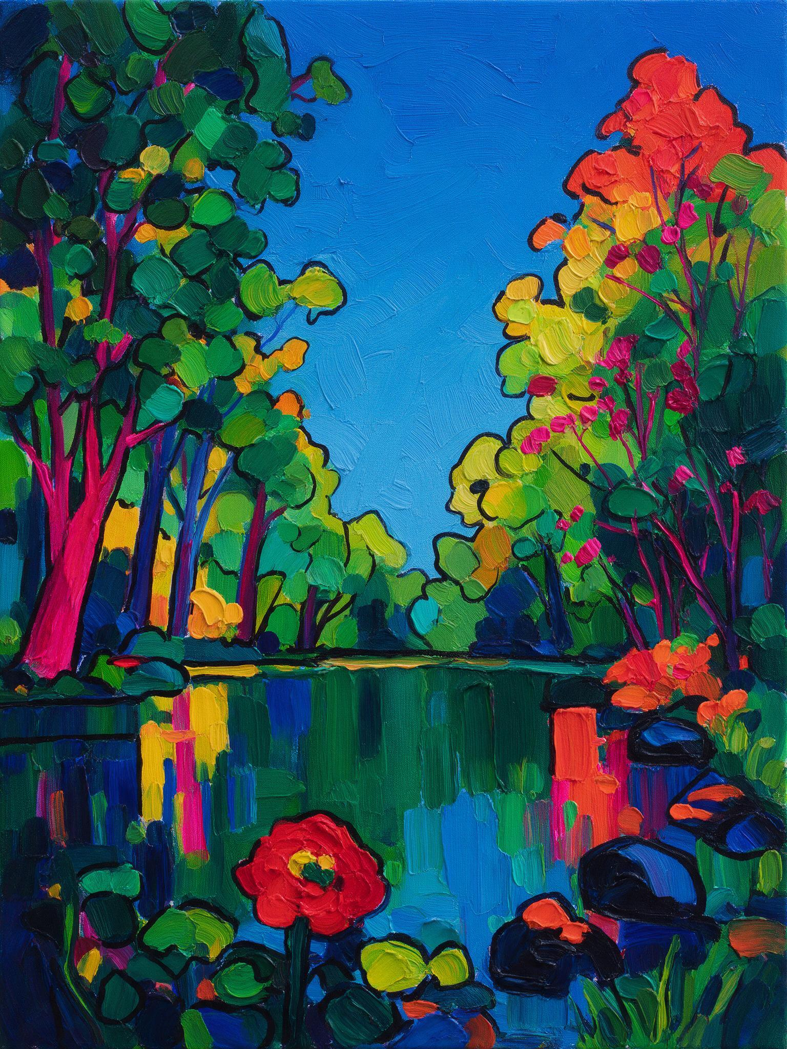 Summer Green Forest Lotus Pond – Contemporary Expressionist Wall Art Print (60 x 80 cm, Matte Black Frame)