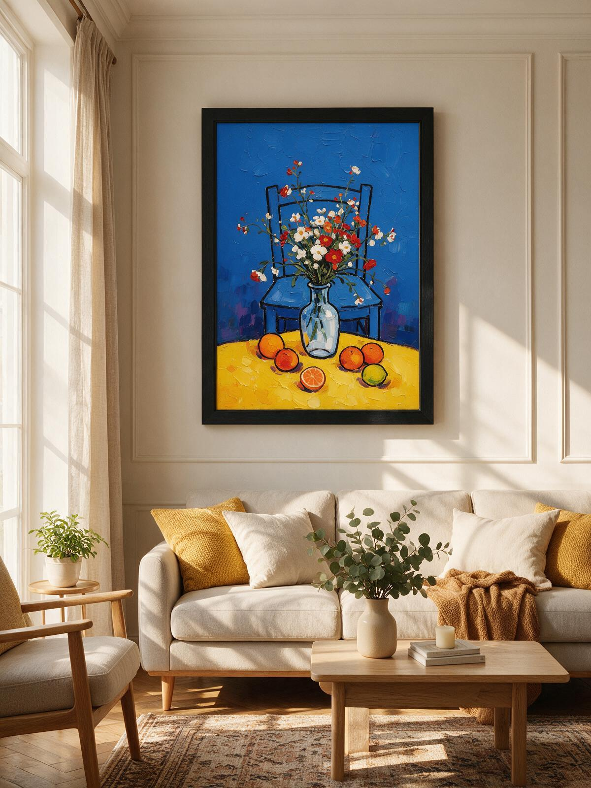 Little Yellow Floral – Contemporary Expressionist Wall Art (60 x 80 cm, Matte Black Frame)