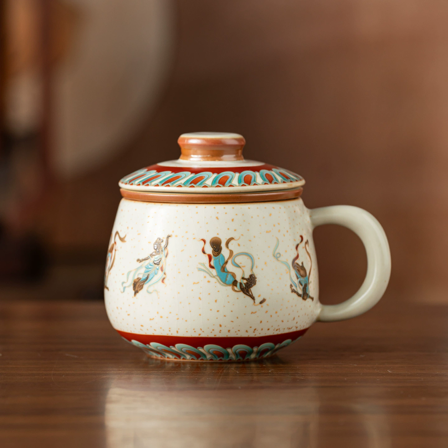 Dunhuang Flying Apsaras Firestone Red Mug with Tea Separation, Lidded Ceramic Office Cup and Gift Box