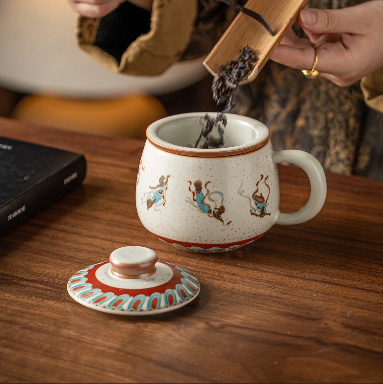 Dunhuang Flying Apsaras Firestone Red Mug with Tea Separation, Lidded Ceramic Office Cup and Gift Box