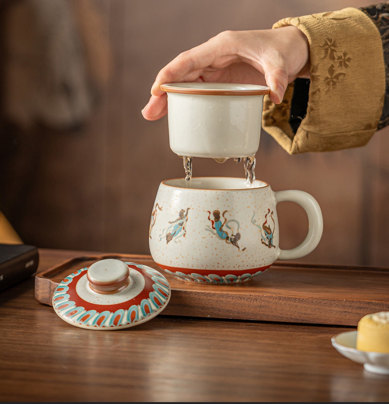 Dunhuang Flying Apsaras Firestone Red Mug with Tea Separation, Lidded Ceramic Office Cup and Gift Box