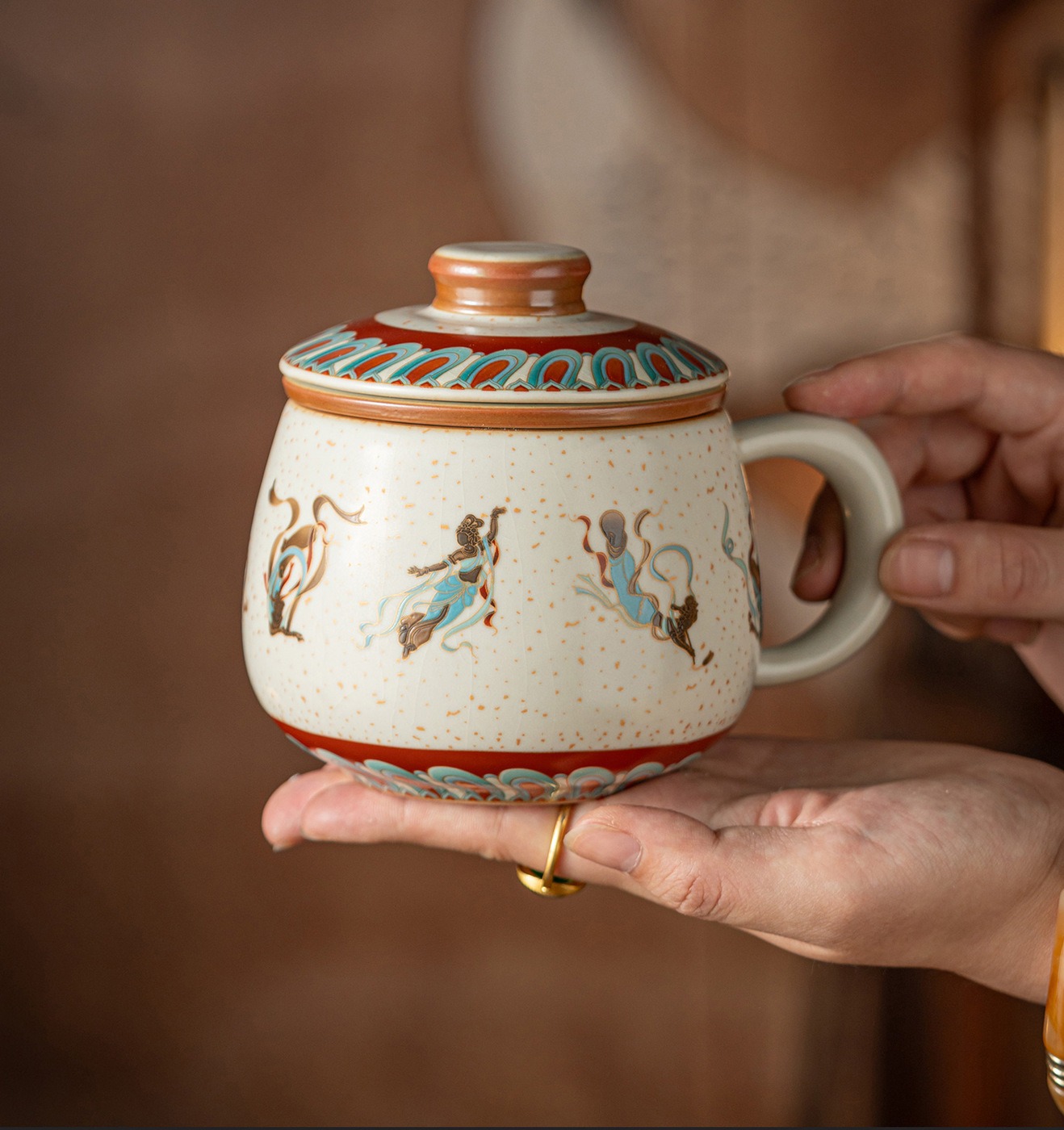 Dunhuang Flying Apsaras Firestone Red Mug with Tea Separation, Lidded Ceramic Office Cup and Gift Box