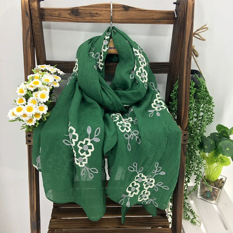 Spring and Summer Women's Artistic Ethnic Style Shawl, Cotton Linen Versatile Long Sun Protection Travel Scarf, Dual-Use Embroidered Linen Flower