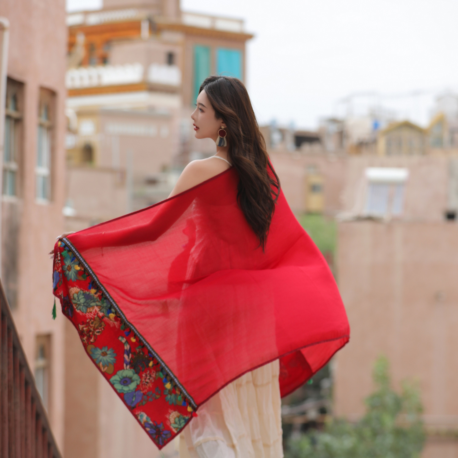 Ethnic Style Lace Embroidered Tassel Cotton Linen Scarf for Women, Red Silk Scarf, Beach Sun Protection Shawl, Travel Large Wrap