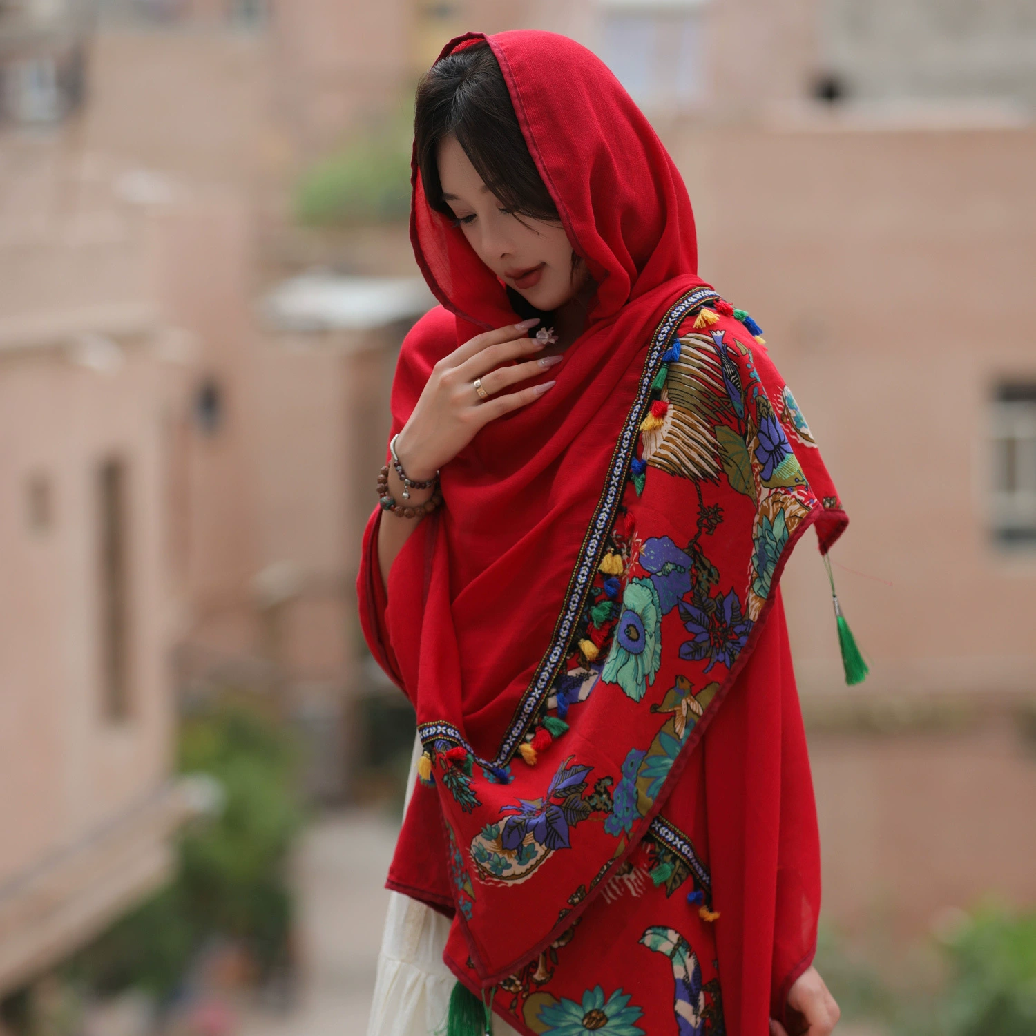 Ethnic Style Lace Embroidered Tassel Cotton Linen Scarf for Women, Red Silk Scarf, Beach Sun Protection Shawl, Travel Large Wrap