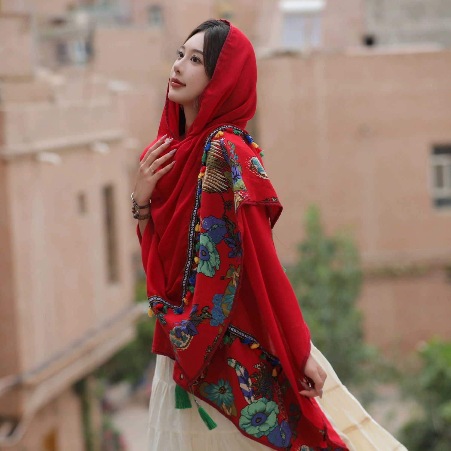 Ethnic Style Lace Embroidered Tassel Cotton Linen Scarf for Women, Red Silk Scarf, Beach Sun Protection Shawl, Travel Large Wrap