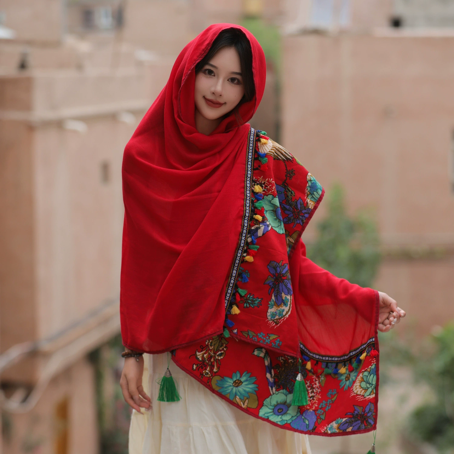 Ethnic Style Lace Embroidered Tassel Cotton Linen Scarf for Women, Red Silk Scarf, Beach Sun Protection Shawl, Travel Large Wrap