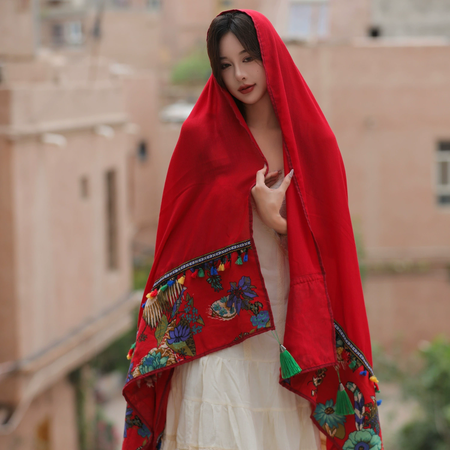 Ethnic Style Lace Embroidered Tassel Cotton Linen Scarf for Women, Red Silk Scarf, Beach Sun Protection Shawl, Travel Large Wrap