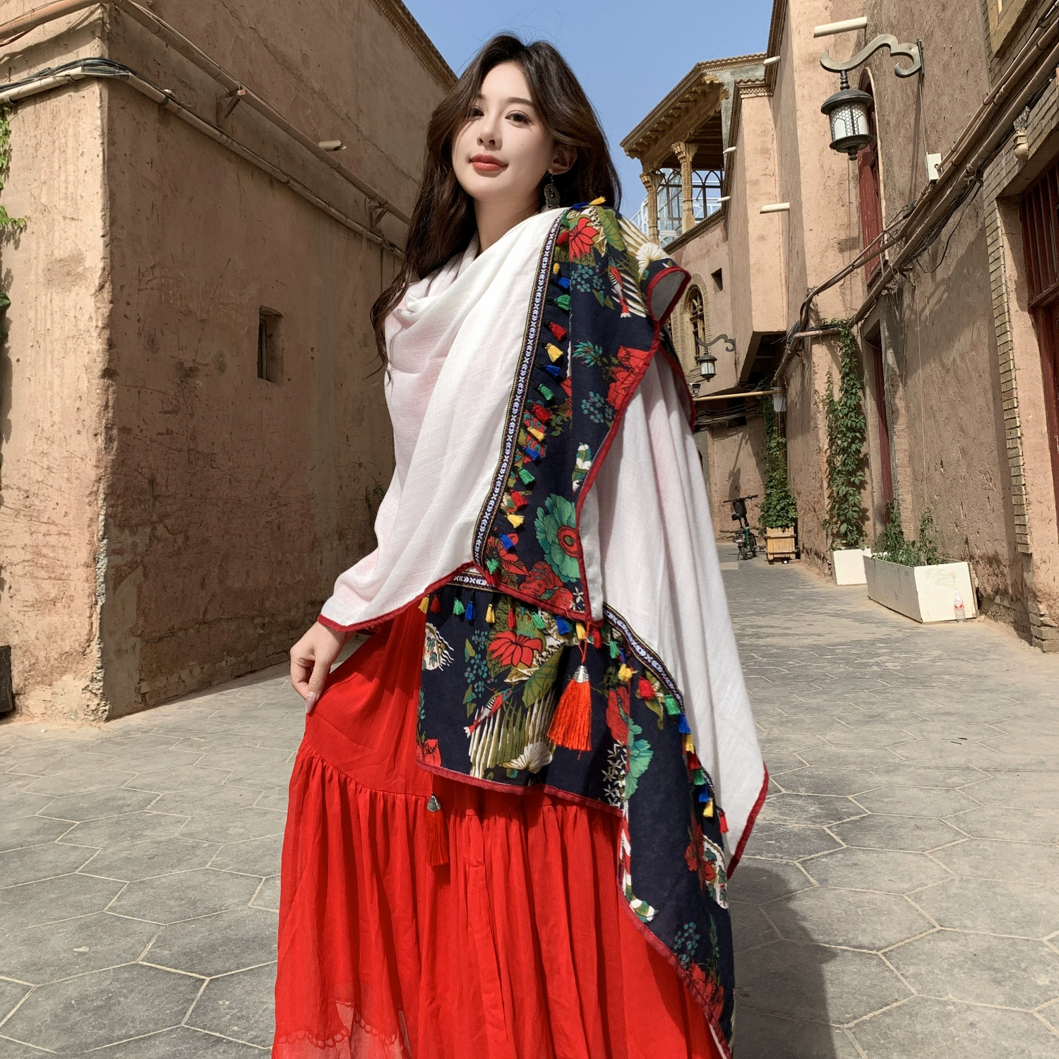 Ethnic Style Lace Embroidered Tassel Cotton Linen Scarf for Women, Red Silk Scarf, Beach Sun Protection Shawl, Travel Large Wrap