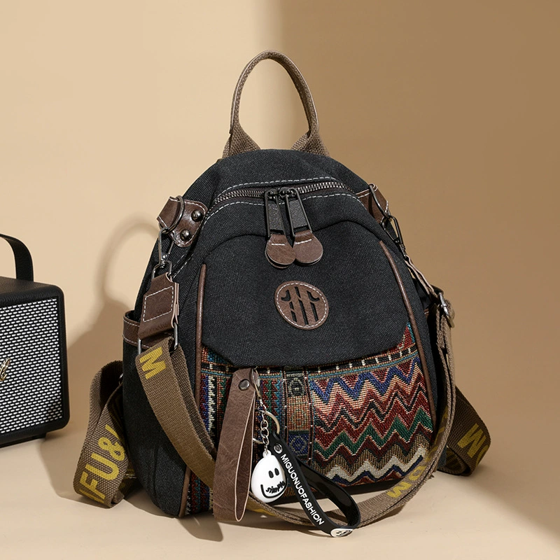 Women's Denim Ethnic Style Embroidered Backpack with Contrasting Colors and Large Capacity