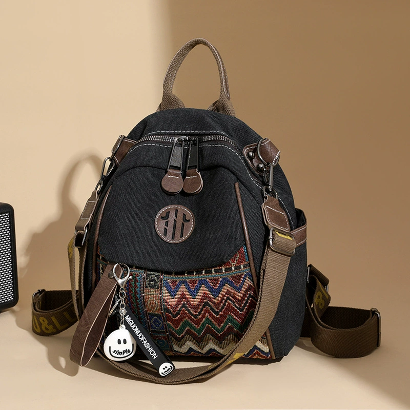 Women's Denim Ethnic Style Embroidered Backpack with Contrasting Colors and Large Capacity