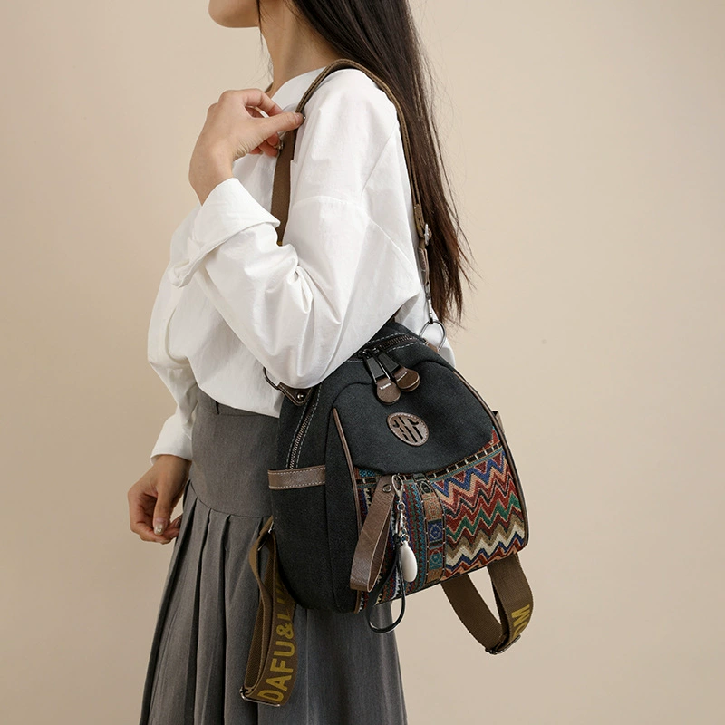 Women's Denim Ethnic Style Embroidered Backpack with Contrasting Colors and Large Capacity