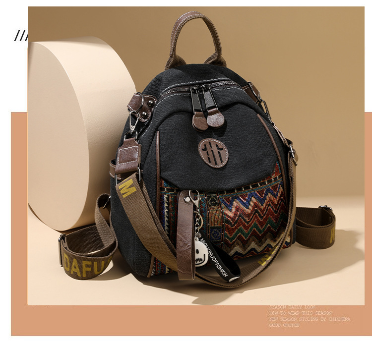 Women's Denim Ethnic Style Embroidered Backpack with Contrasting Colors and Large Capacity
