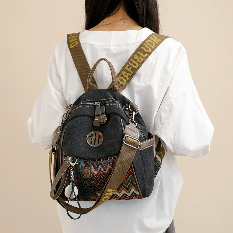 Women's Denim Ethnic Style Embroidered Backpack with Contrasting Colors and Large Capacity