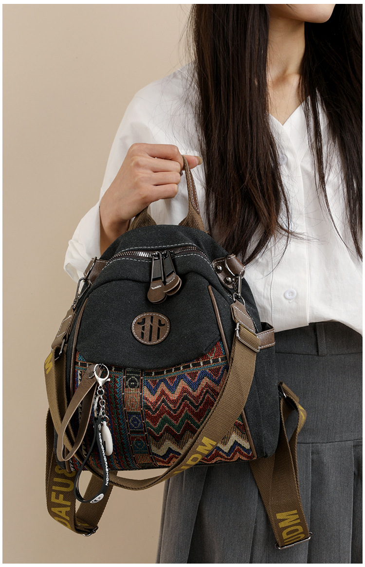 Women's Denim Ethnic Style Embroidered Backpack with Contrasting Colors and Large Capacity