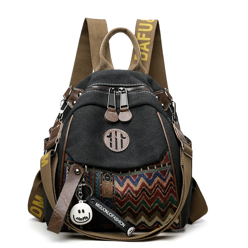 Women's Denim Ethnic Style Embroidered Backpack with Contrasting Colors and Large Capacity
