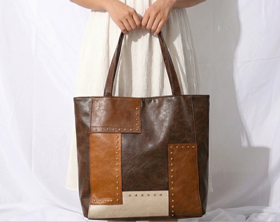 Fashionable Studded Contrast Color Paneled Large Capacity Shoulder Tote Women's Bag