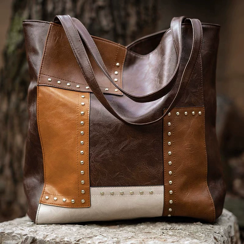 Fashionable Studded Contrast Color Paneled Large Capacity Shoulder Tote Women's Bag