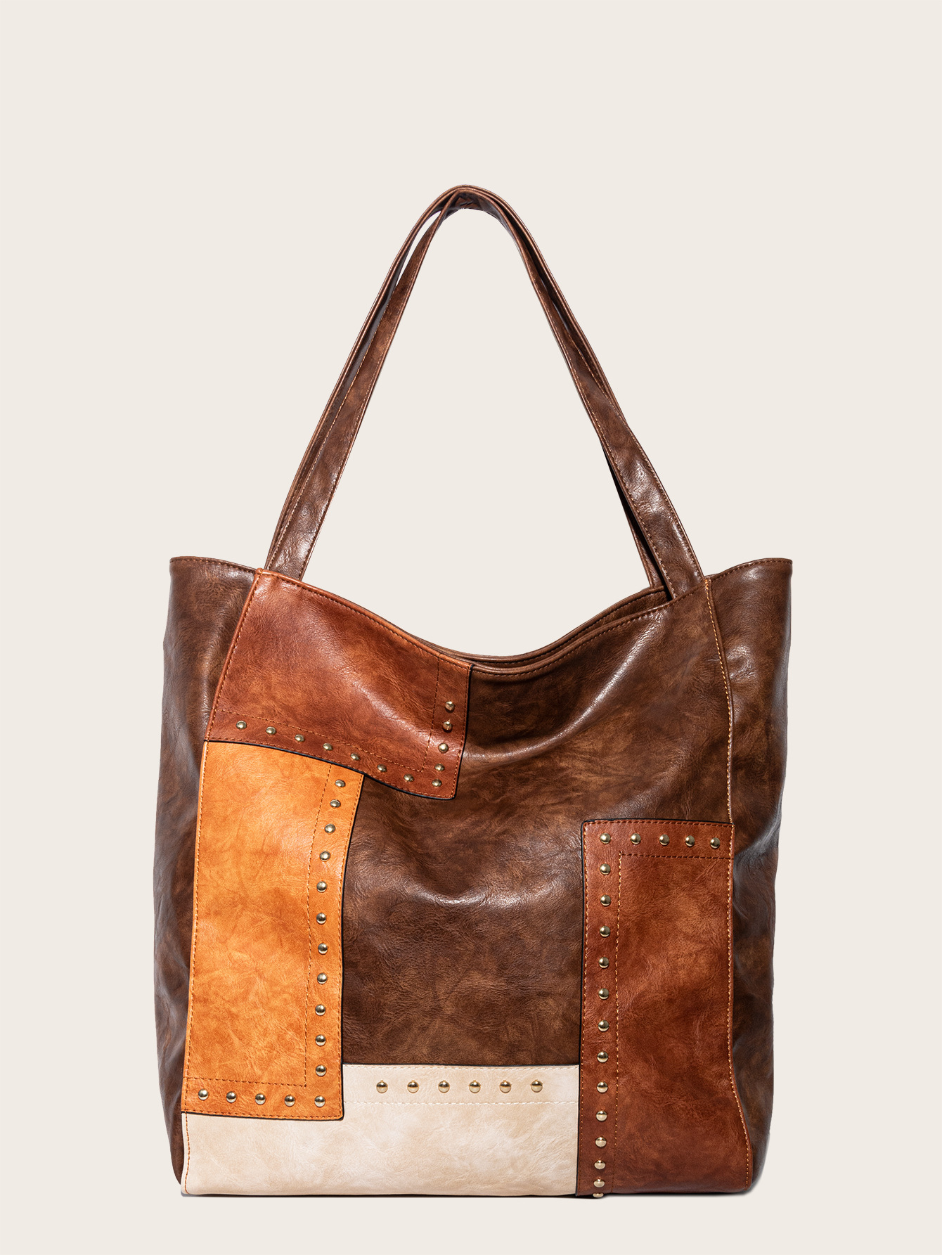 Fashionable Studded Contrast Color Paneled Large Capacity Shoulder Tote Women's Bag