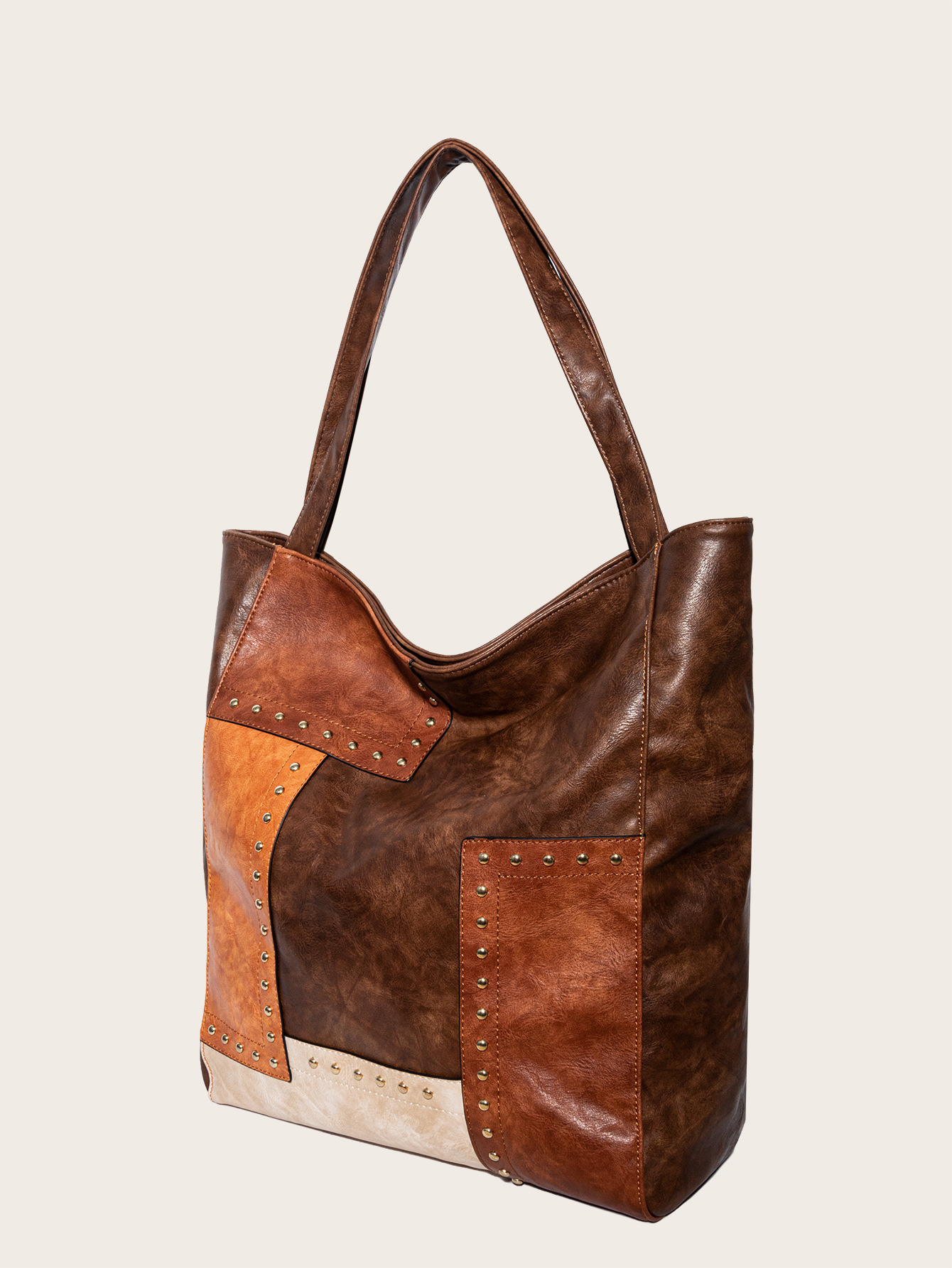Fashionable Studded Contrast Color Paneled Large Capacity Shoulder Tote Women's Bag