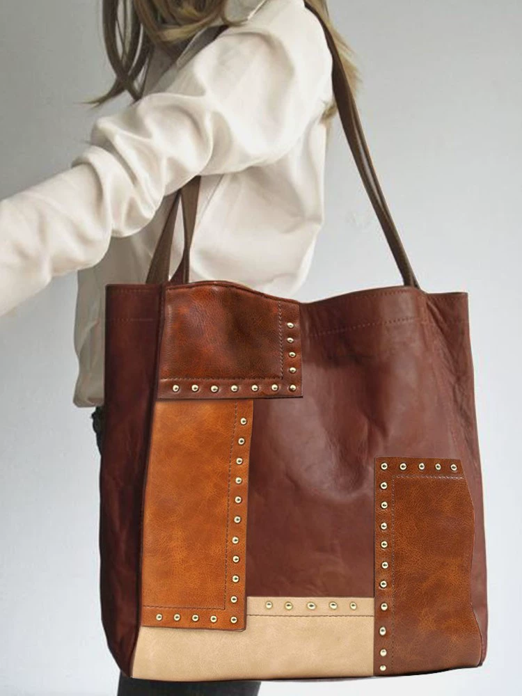Fashionable Studded Contrast Color Paneled Large Capacity Shoulder Tote Women's Bag