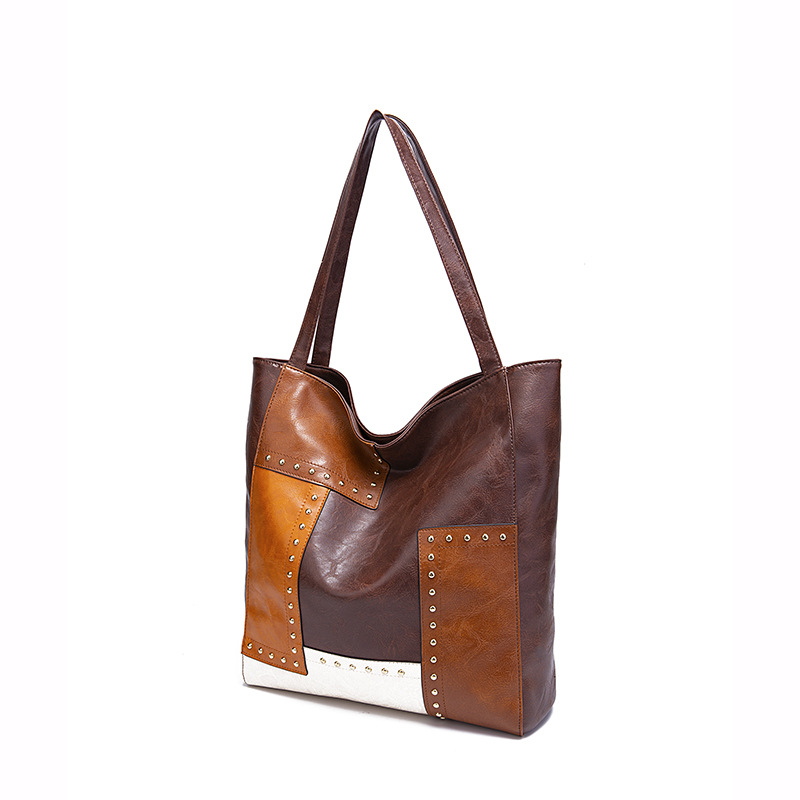 Fashionable Studded Contrast Color Paneled Large Capacity Shoulder Tote Women's Bag