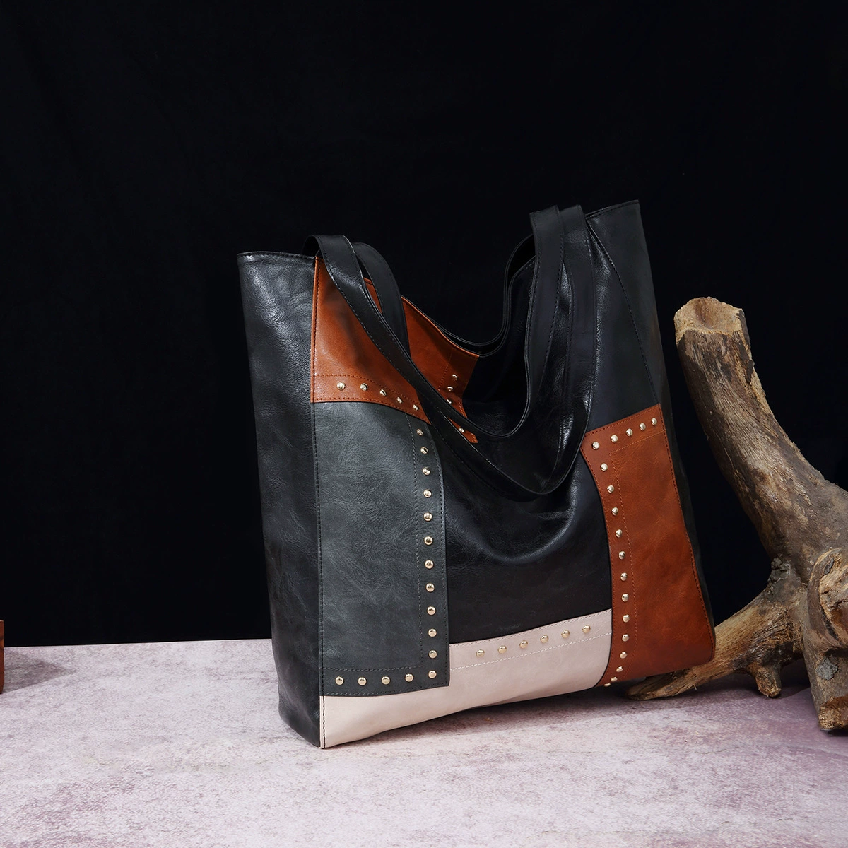 Fashionable Studded Contrast Color Paneled Large Capacity Shoulder Tote Women's Bag