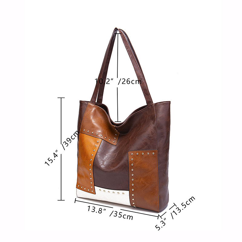 Fashionable Studded Contrast Color Paneled Large Capacity Shoulder Tote Women's Bag