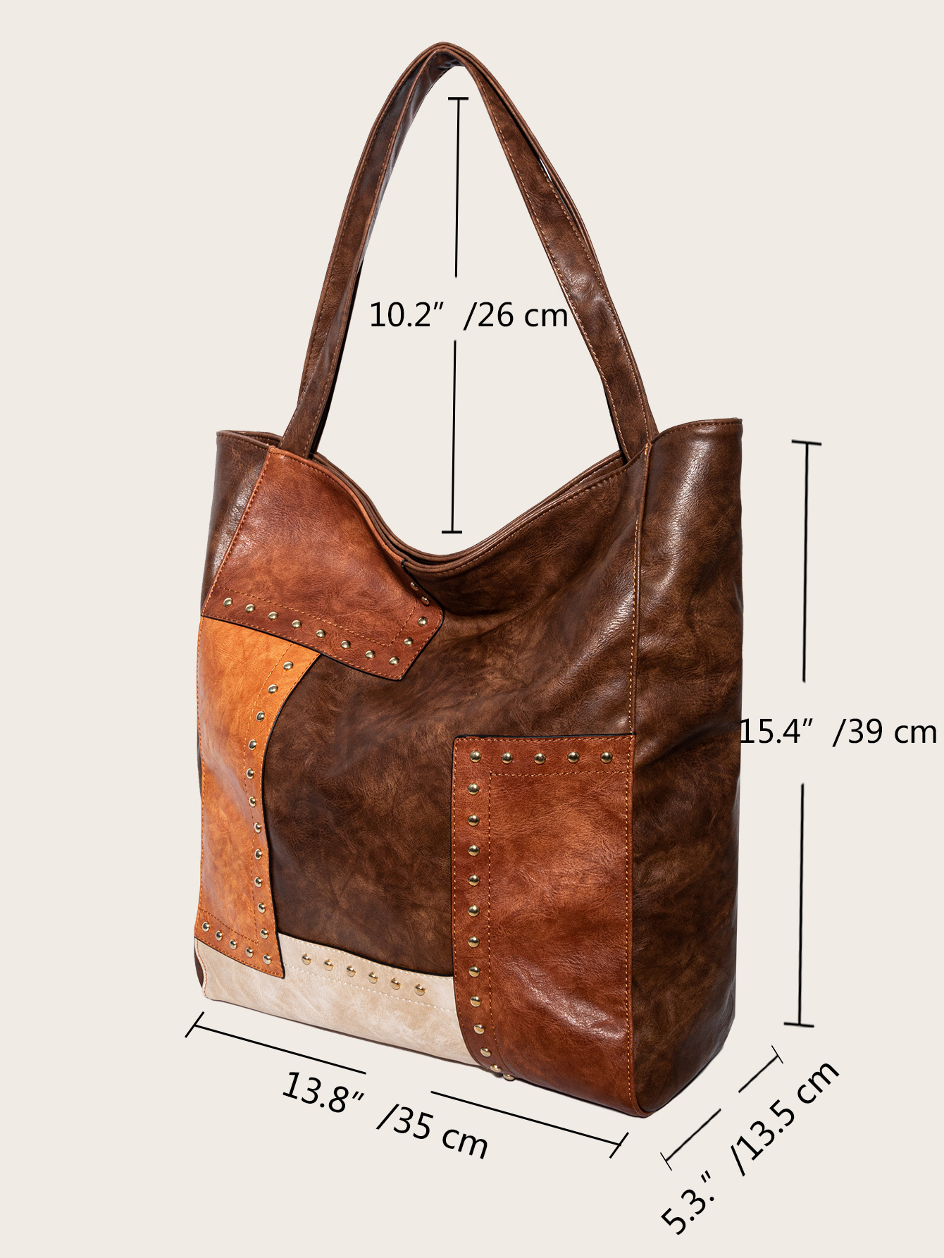 Fashionable Studded Contrast Color Paneled Large Capacity Shoulder Tote Women's Bag