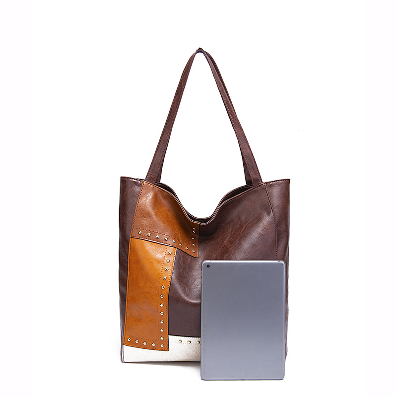 Fashionable Studded Contrast Color Paneled Large Capacity Shoulder Tote Women's Bag
