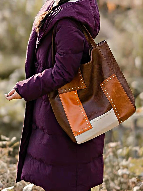 Fashionable Studded Contrast Color Paneled Large Capacity Shoulder Tote Women's Bag