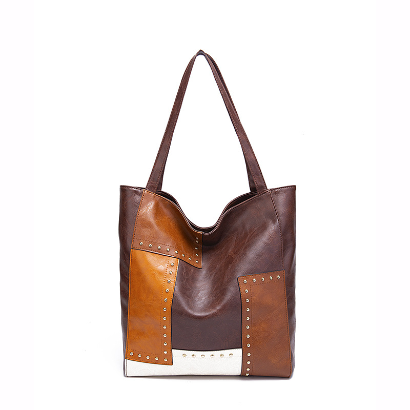 Fashionable Studded Contrast Color Paneled Large Capacity Shoulder Tote Women's Bag