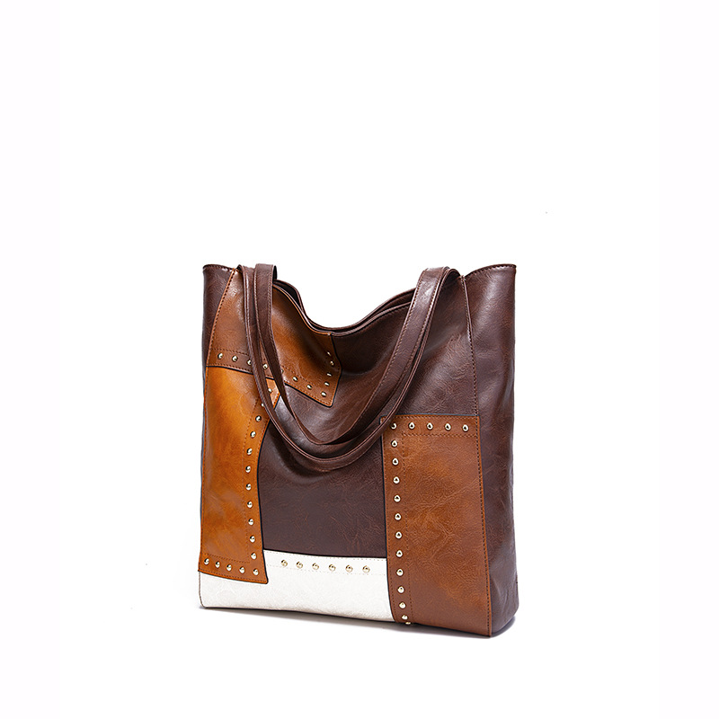 Fashionable Studded Contrast Color Paneled Large Capacity Shoulder Tote Women's Bag