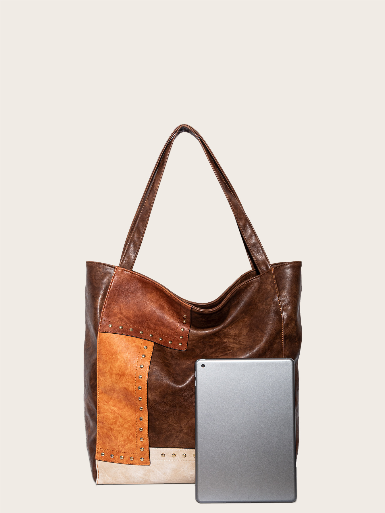 Fashionable Studded Contrast Color Paneled Large Capacity Shoulder Tote Women's Bag