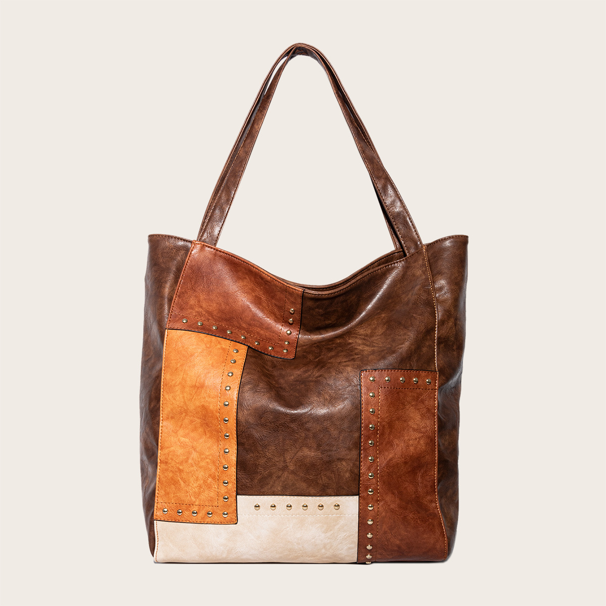 Fashionable Studded Contrast Color Paneled Large Capacity Shoulder Tote Women's Bag