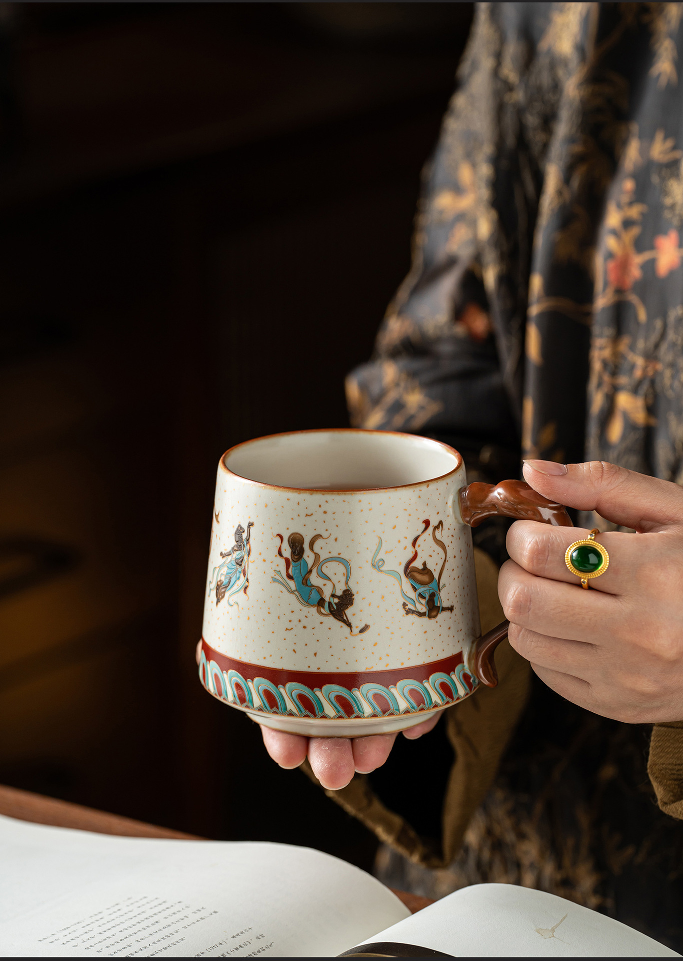 Elegant Ru Kiln Dunhuang Cultural Creative Teacup Mug Office Cup Lightweight Luxury High-End Home Use Covered Water Drinking Cup