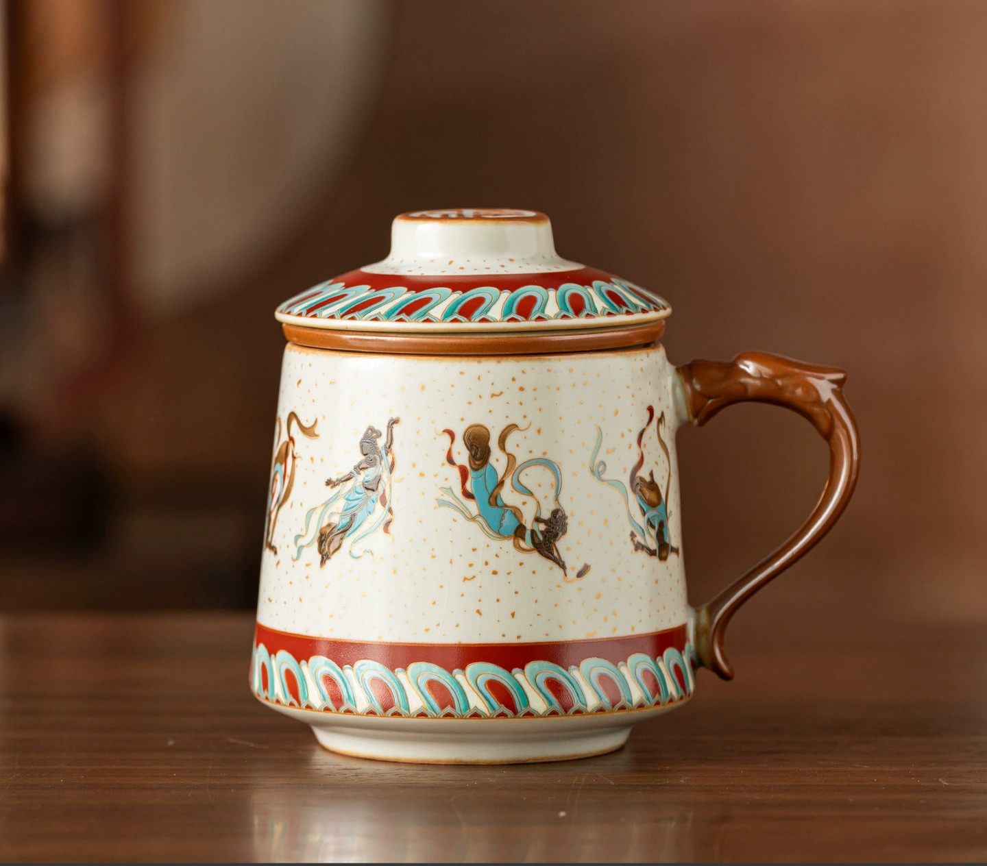 Elegant Ru Kiln Dunhuang Cultural Creative Teacup Mug Office Cup Lightweight Luxury High-End Home Use Covered Water Drinking Cup