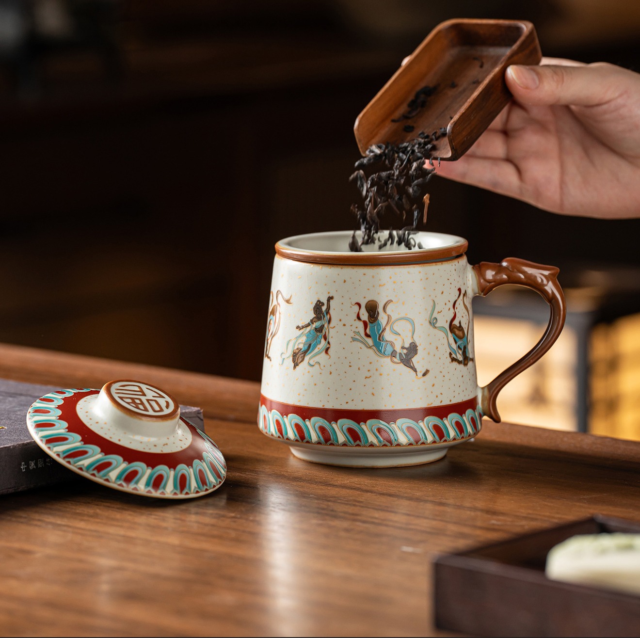 Elegant Ru Kiln Dunhuang Cultural Creative Teacup Mug Office Cup Lightweight Luxury High-End Home Use Covered Water Drinking Cup
