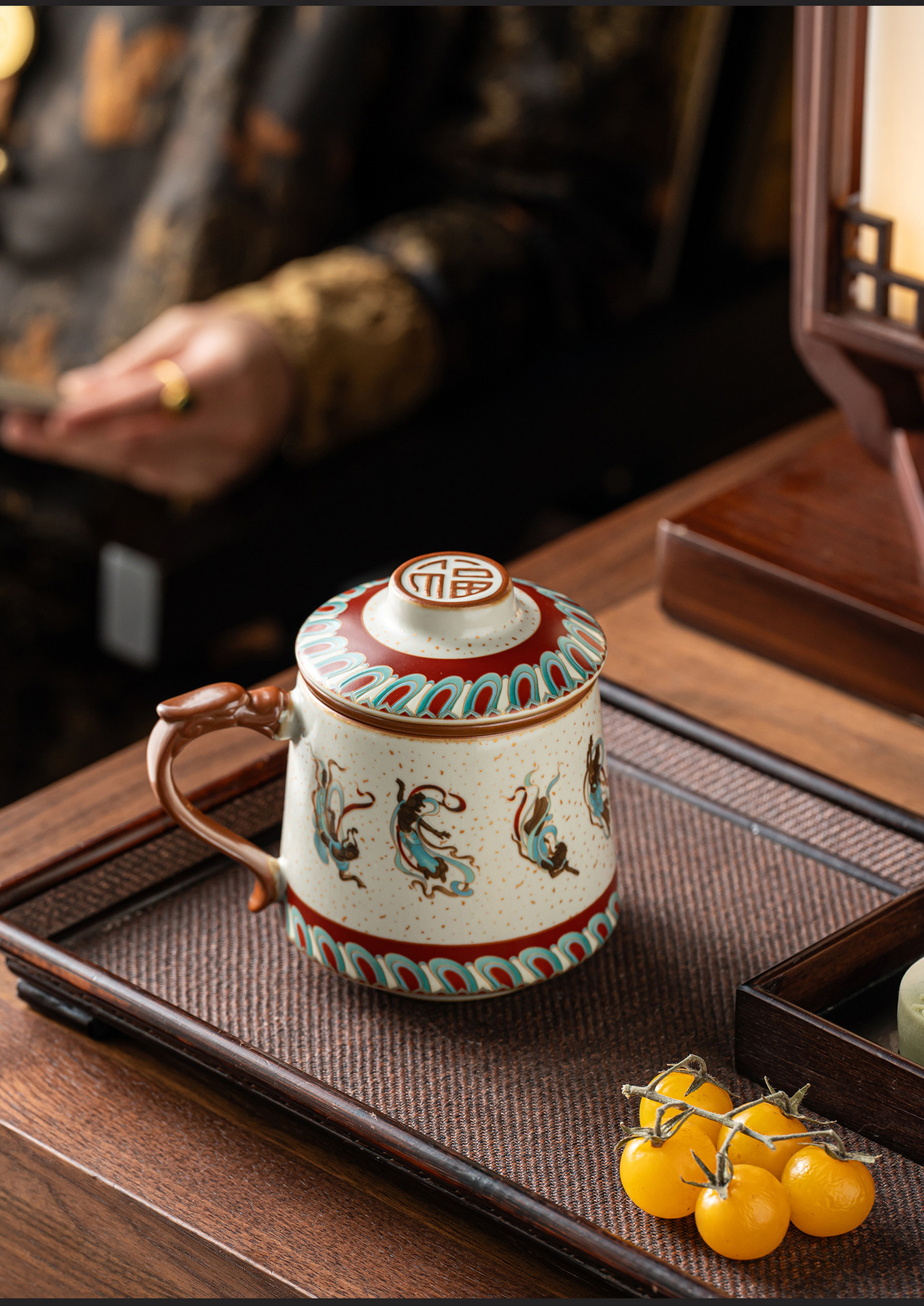 Elegant Ru Kiln Dunhuang Cultural Creative Teacup Mug Office Cup Lightweight Luxury High-End Home Use Covered Water Drinking Cup