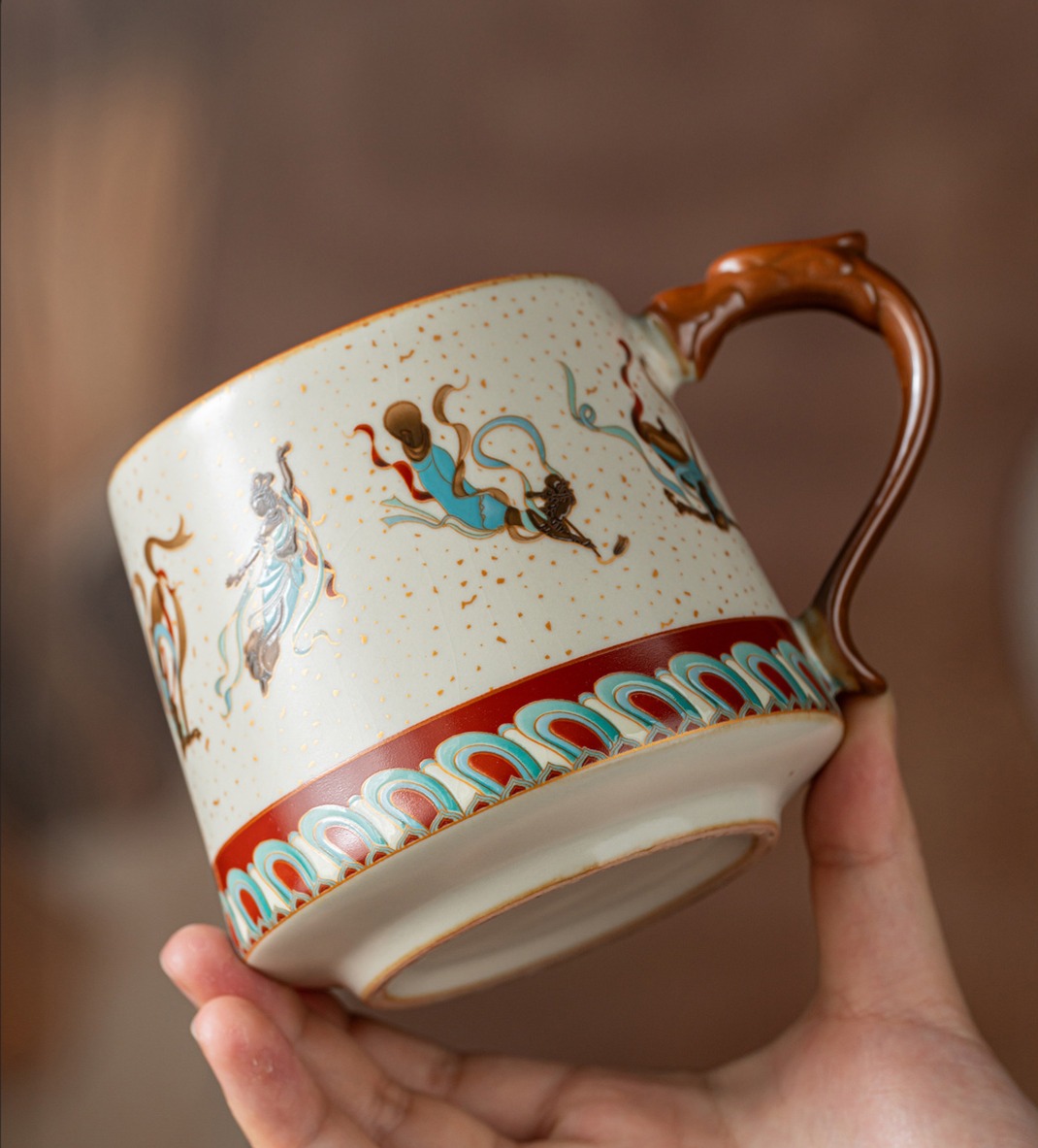 Elegant Ru Kiln Dunhuang Cultural Creative Teacup Mug Office Cup Lightweight Luxury High-End Home Use Covered Water Drinking Cup
