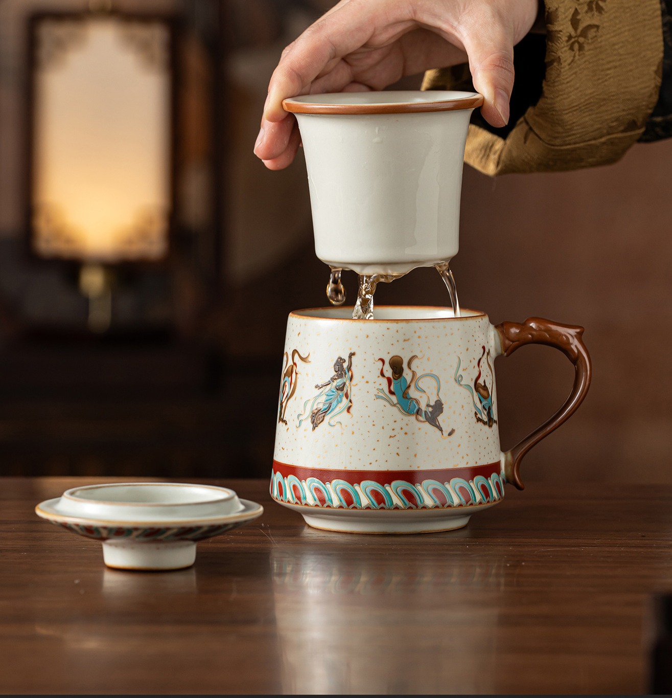 Elegant Ru Kiln Dunhuang Cultural Creative Teacup Mug Office Cup Lightweight Luxury High-End Home Use Covered Water Drinking Cup