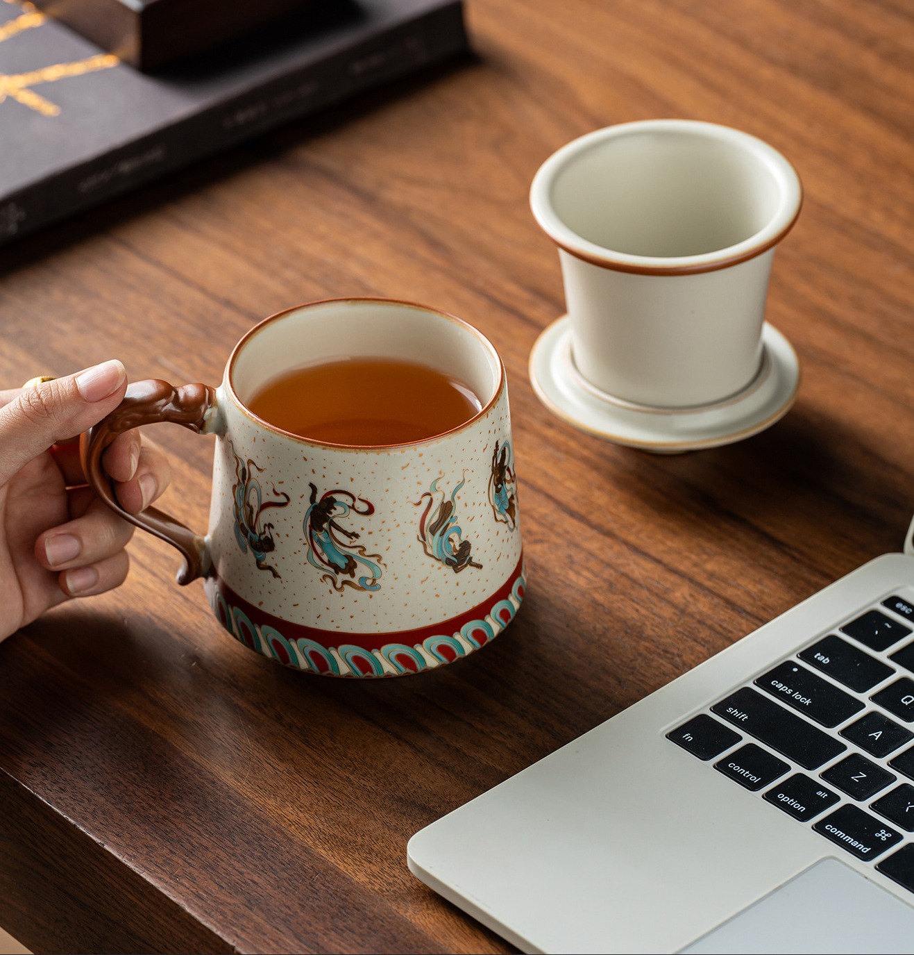 Elegant Ru Kiln Dunhuang Cultural Creative Teacup Mug Office Cup Lightweight Luxury High-End Home Use Covered Water Drinking Cup