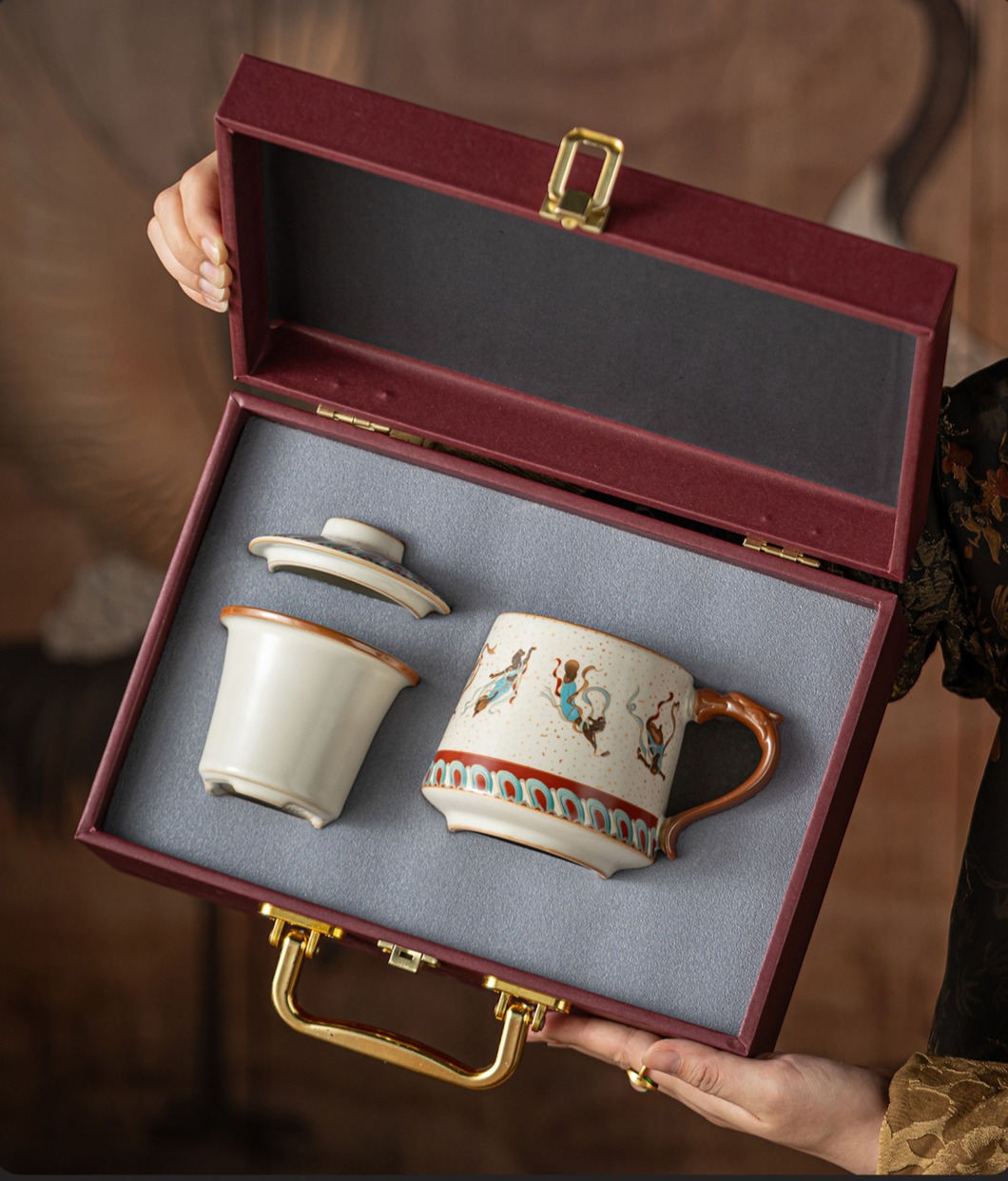 Elegant Ru Kiln Dunhuang Cultural Creative Teacup Mug Office Cup Lightweight Luxury High-End Home Use Covered Water Drinking Cup