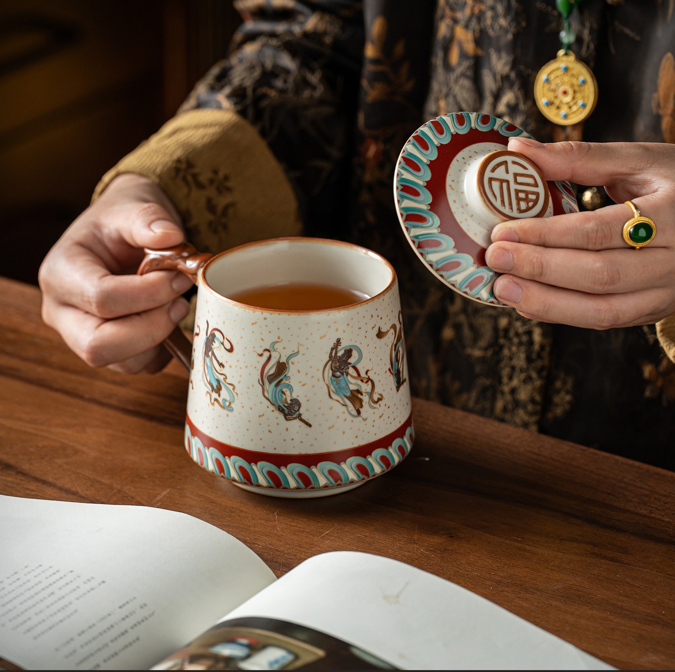 Elegant Ru Kiln Dunhuang Cultural Creative Teacup Mug Office Cup Lightweight Luxury High-End Home Use Covered Water Drinking Cup