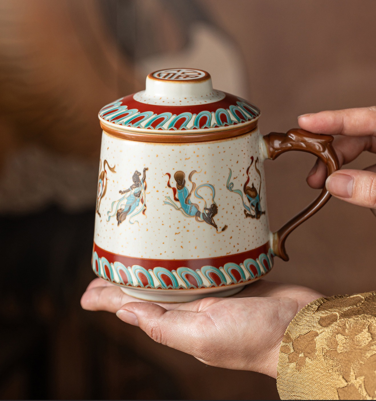 Elegant Ru Kiln Dunhuang Cultural Creative Teacup Mug Office Cup Lightweight Luxury High-End Home Use Covered Water Drinking Cup